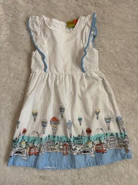 Penelope Mack White Swiss Dot Dress with Multicolor Whimsical Cityscape Design